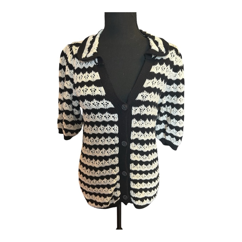 Maeve by Anthropologie Black White Striped Button Down Open Knit Sweater Sz Med
